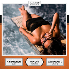 Summer Tanning Gelée size scale next to sunglasses showing travel-friendly bottle