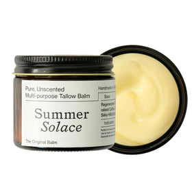 Summer Solace front jar showing clean unscented tallow balm packaging and benefit of clear, simple skincare