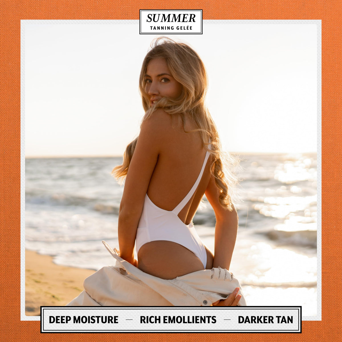 Summer Tanning Gelée on model shoulder showing radiant, sun-kissed glow