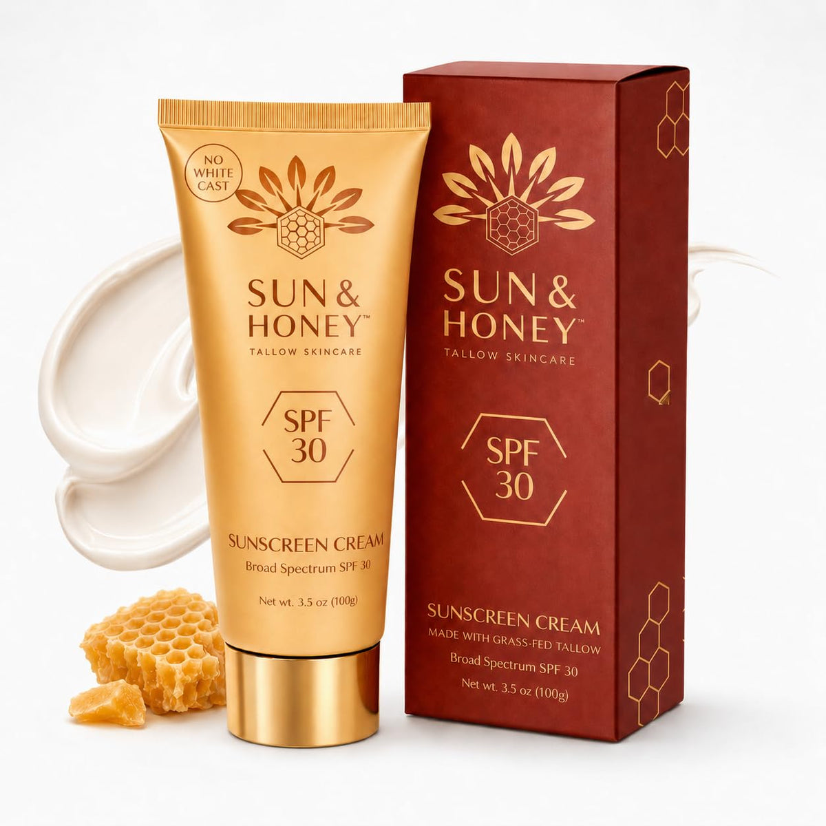 Sun and Honey front packaging showing SPF 30, clear benefit: visible protection
