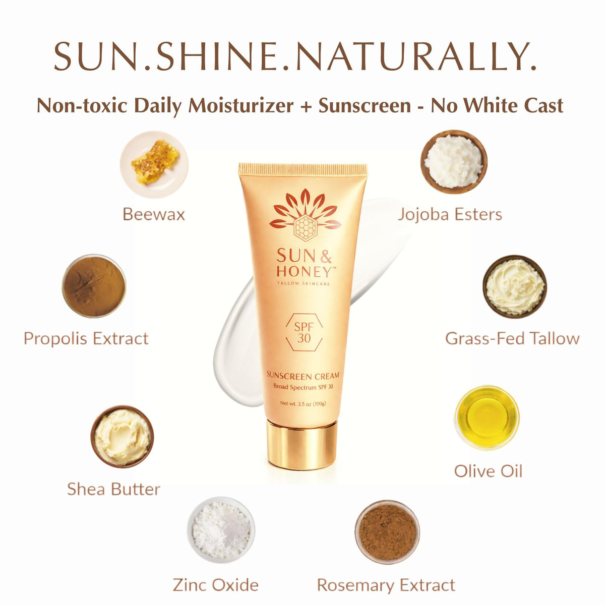Sun and Honey jar beside olive oil and beeswax highlighting natural ingredients