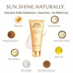 Sun and Honey jar beside olive oil and beeswax highlighting natural ingredients