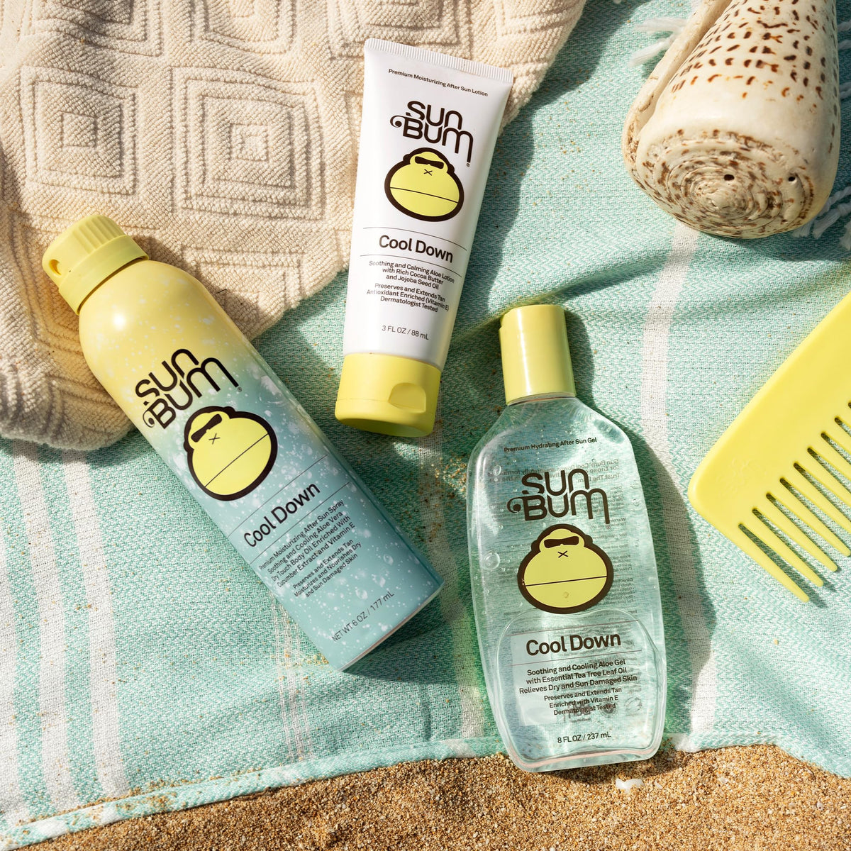 Sun Bum applied to shoulder demonstrating soothing relief after sun