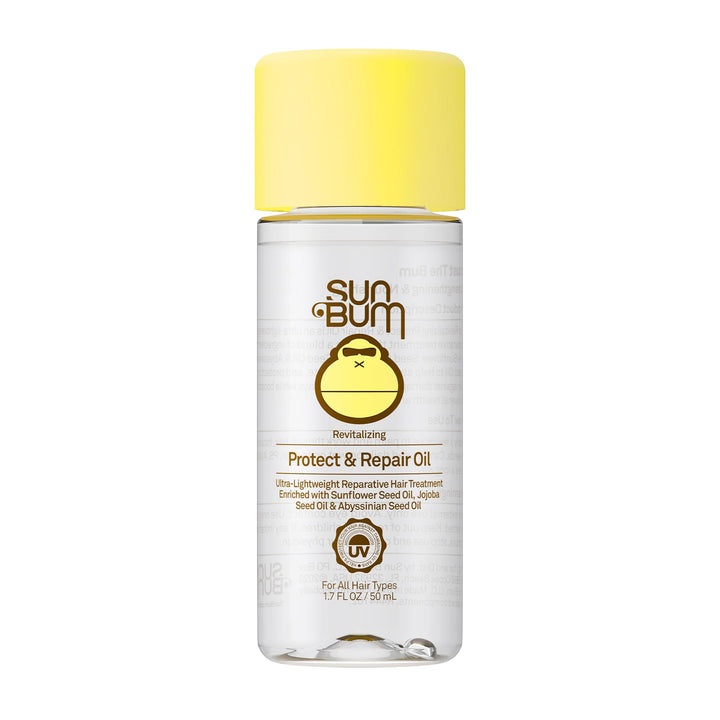 Sun Bum front packaging of revitalizing protect and repair oil showing bottle benefits
