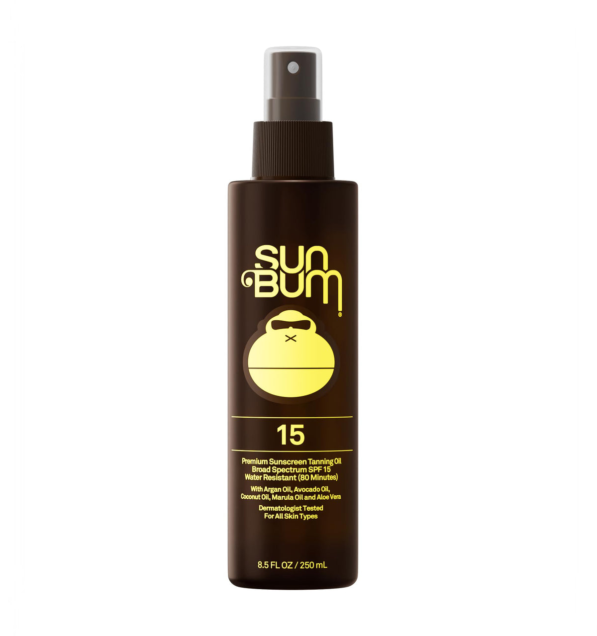 Sun Bum front packaging showing SPF 15 tanning oil, easy identification and protection benefit