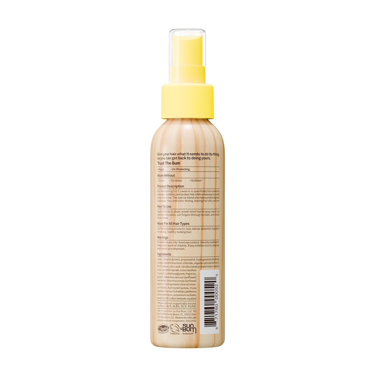 Sun Bum label and ingredient list emphasizing vegan, cruelty-free formulation