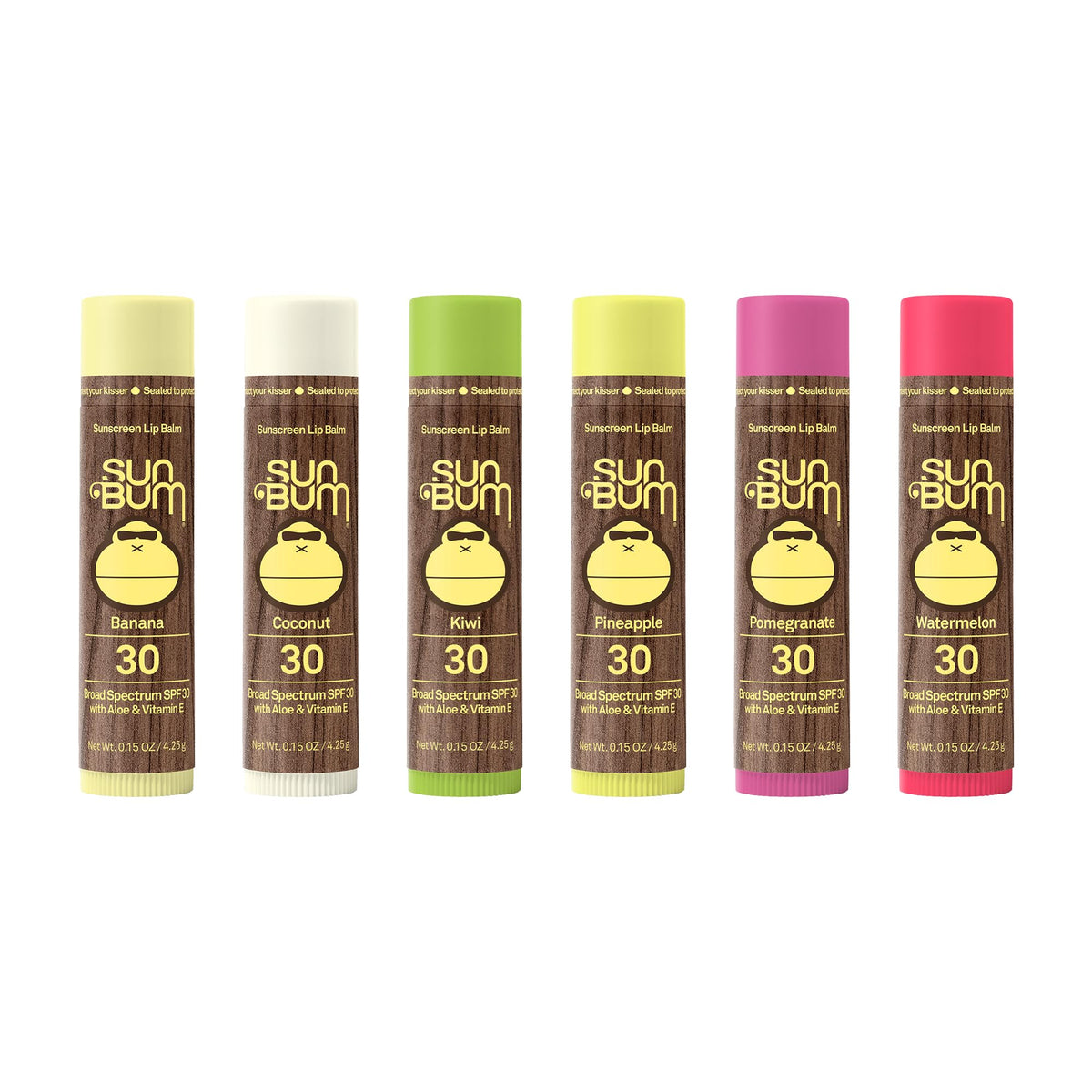 Sun Bum front packaging showing six SPF 30 lip balm sticks for easy protection
