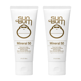 Sun Bum front packaging showing two-bottle SPF 50 pack and clear labeling benefit