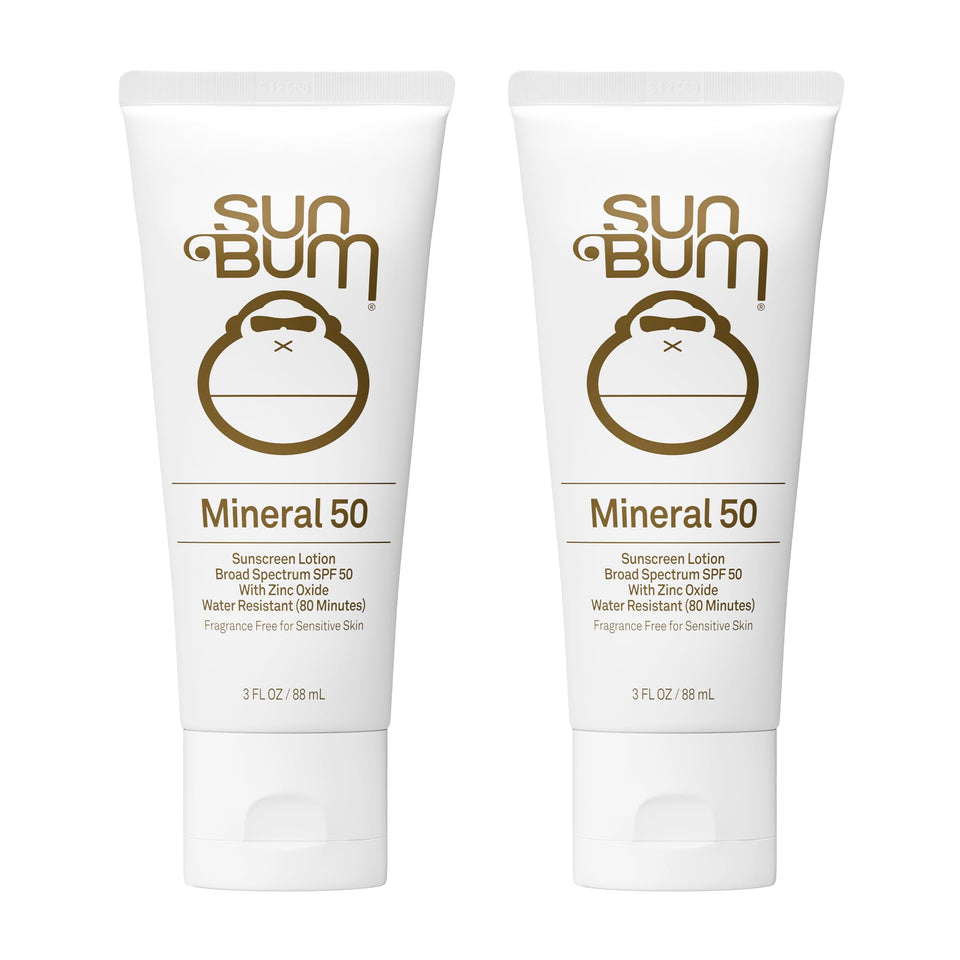 Sun Bum front packaging showing two-bottle SPF 50 pack and clear labeling benefit