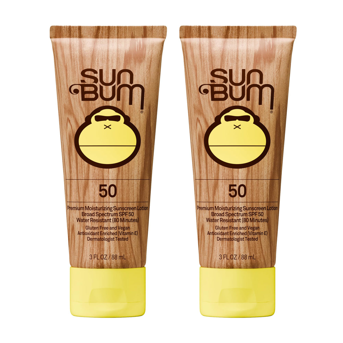 Sun Bum front packaging of SPF 50 twin pack showing travel-friendly bottles and clear branding