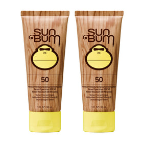 Sun Bum front packaging of SPF 50 twin pack showing travel-friendly bottles and clear branding