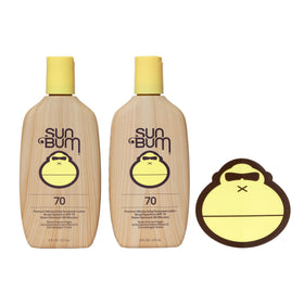 Sun Bum front packaging showing SPF 70 bottle and clear labeling benefit high protection