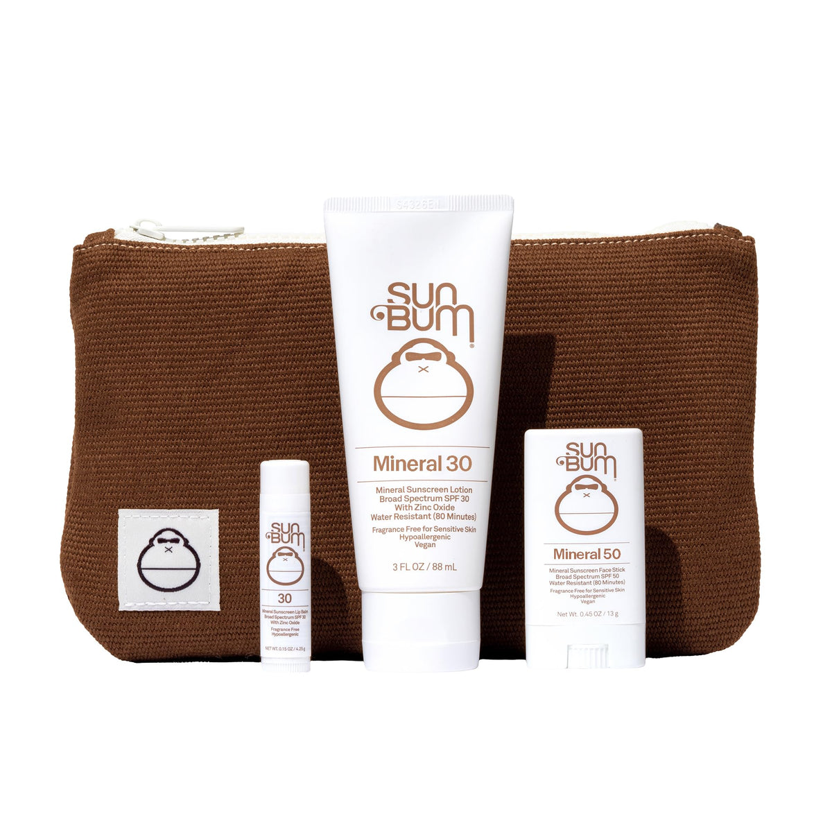 Sun Bum front packaging showing kit in canvas pouch and three products for easy packing