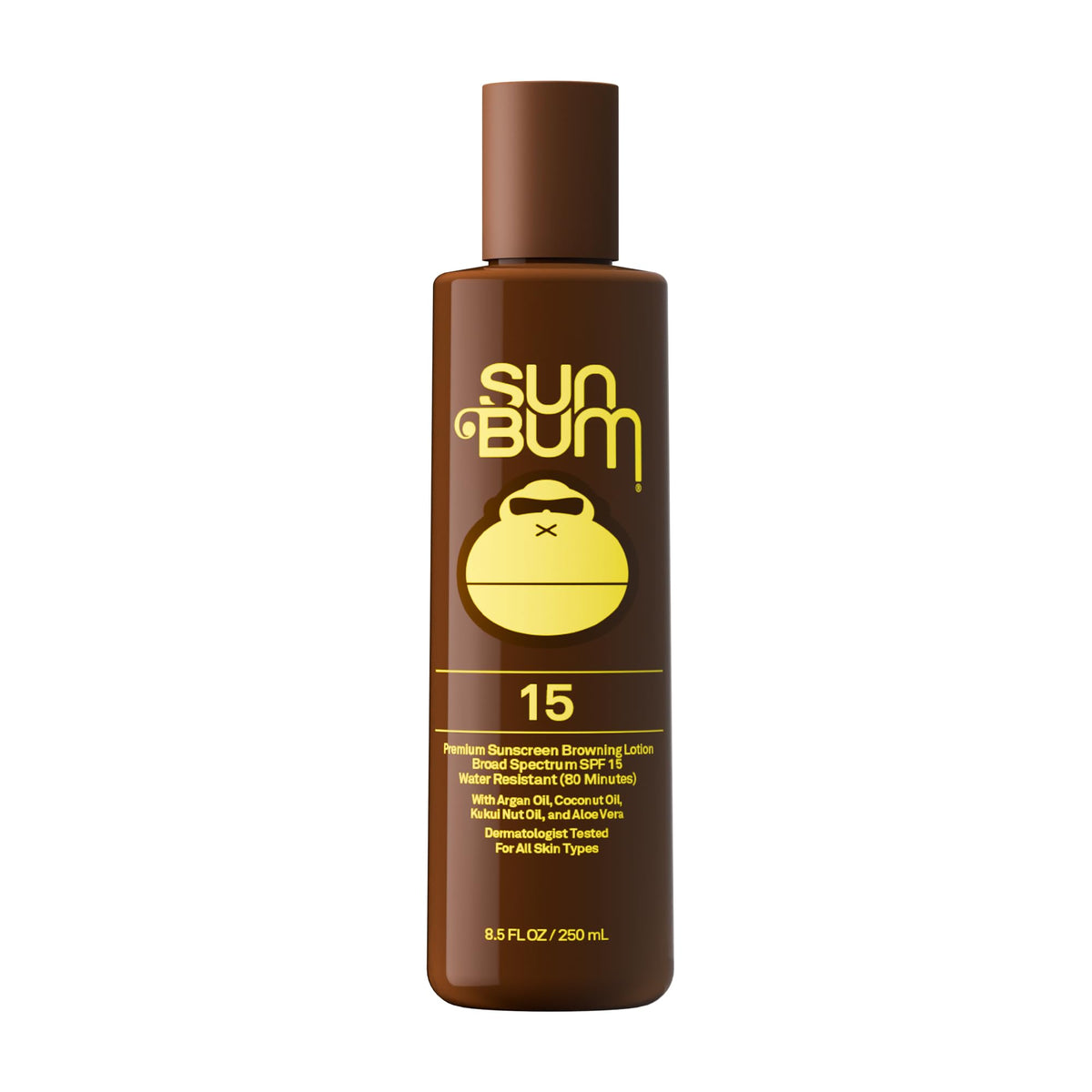 Sun Bum front packaging showing SPF 15 browning lotion and easy-to-use bottle benefit