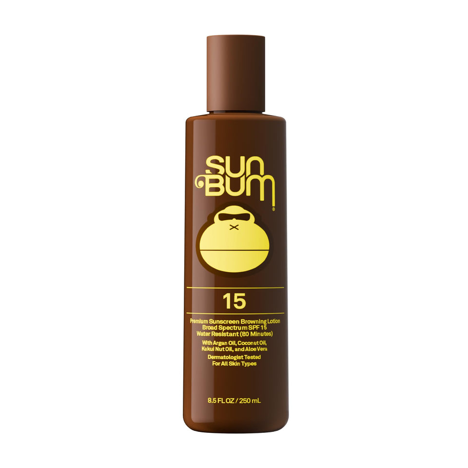 Sun Bum front packaging showing SPF 15 browning lotion and easy-to-use bottle benefit