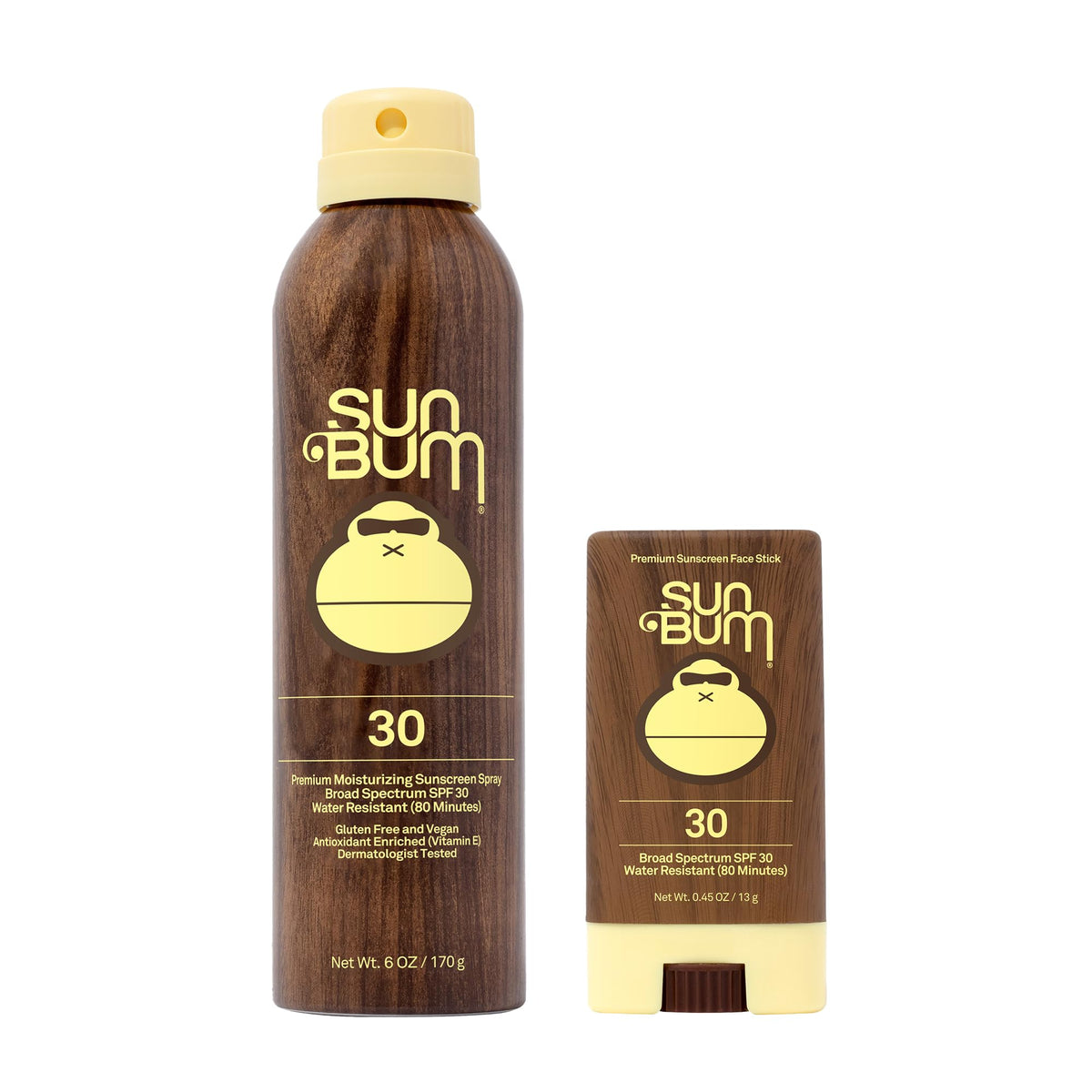 Sun Bum combo front packaging showing spray and face stick, convenient travel set