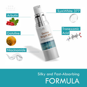 Sun Coast Sciences serum on bathroom shelf in morning routine conveys brightening support