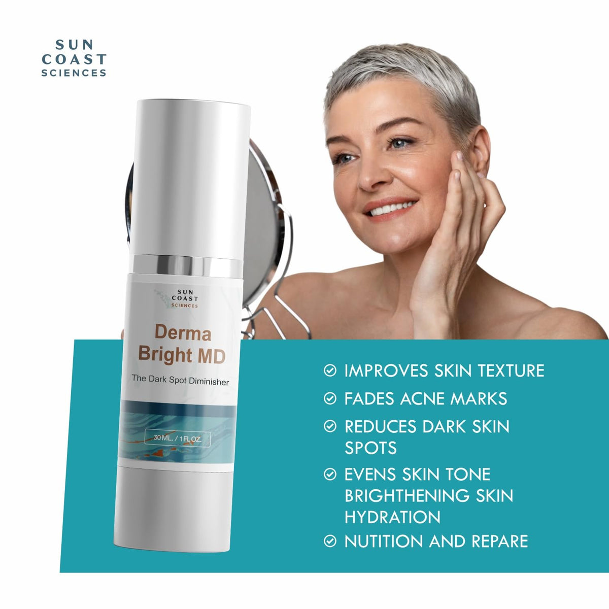 Sun Coast Sciences serum in hand being applied demonstrates easy daily use benefit