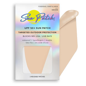 Sun Patch front packaging showing two nude silicone patches and UPF label benefits