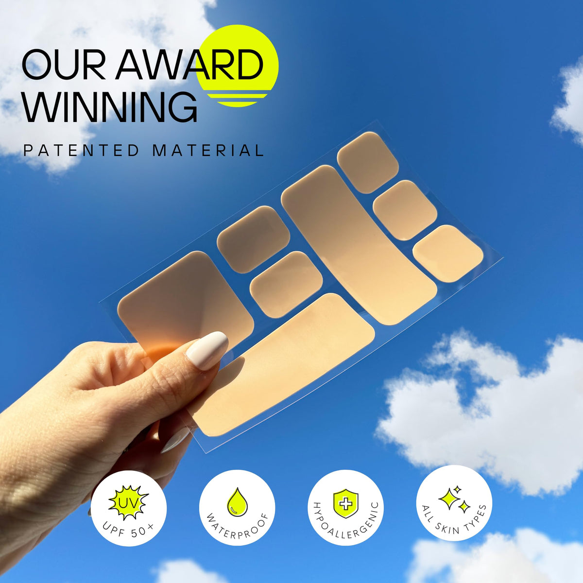 Sun Patch adhesive tested on hand to show sweat-proof grip and reusable hold
