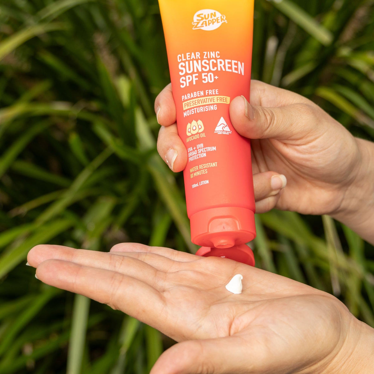 Sun Zapper applied to face demonstrating clear finish and comfortable wear