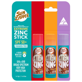 Sun Zapper three-pack front packaging showing bold colored sticks and benefits