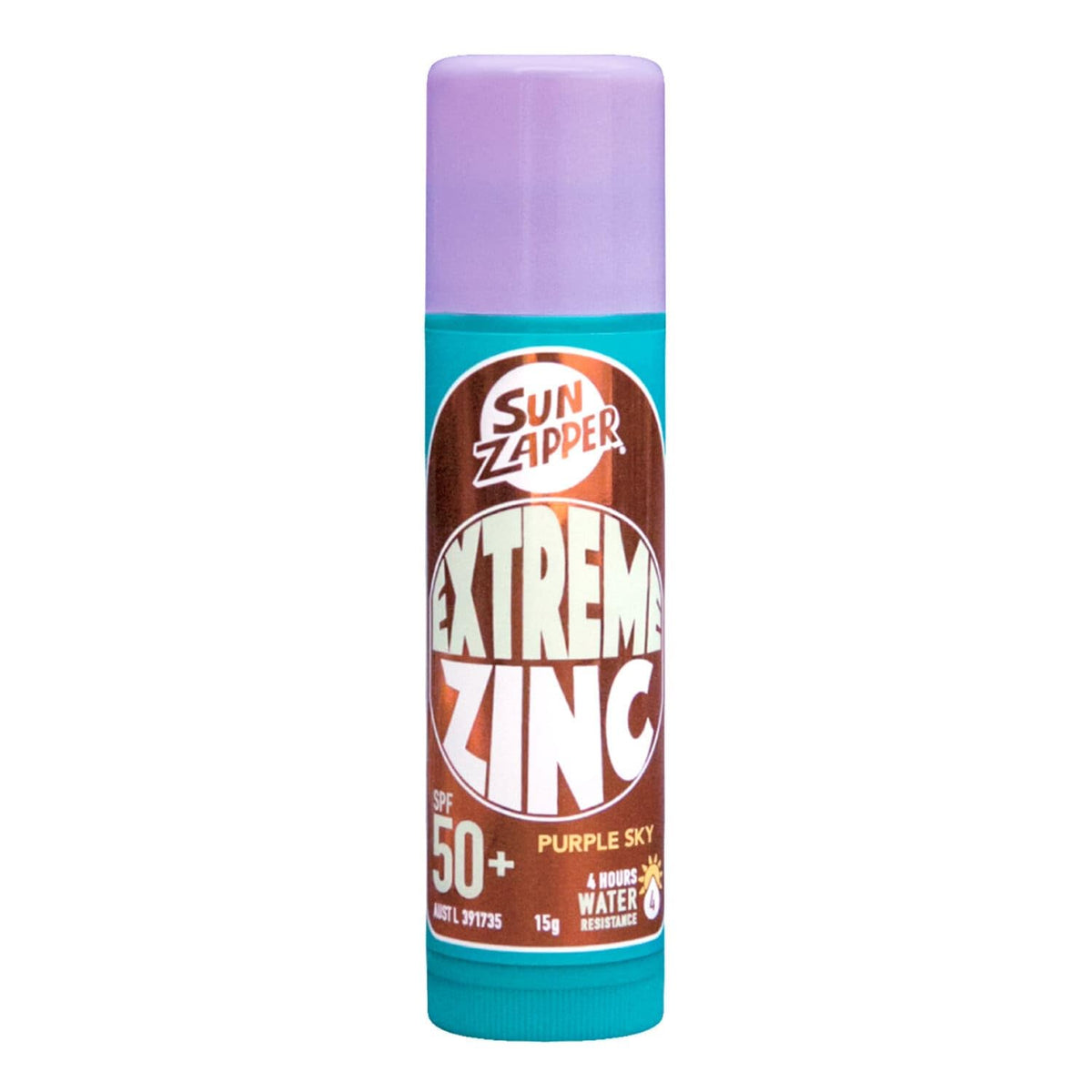 Sun Zapper front view of purple zinc stick showing bold pigmentation and protection