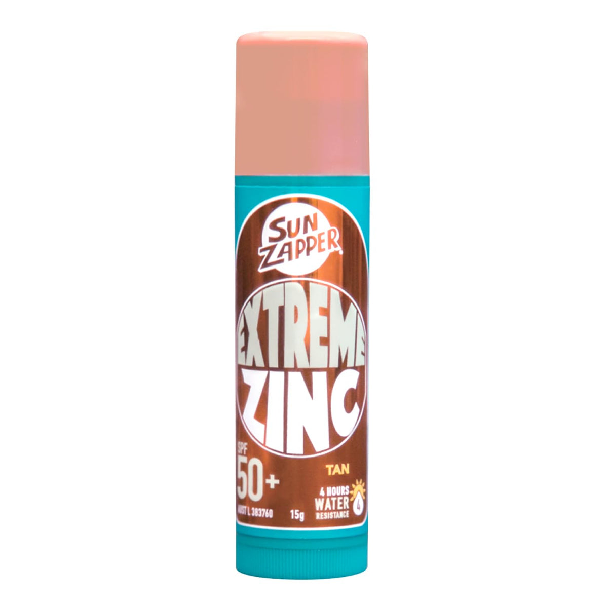 Sun Zapper front stick view showing label and tan zinc finish benefit