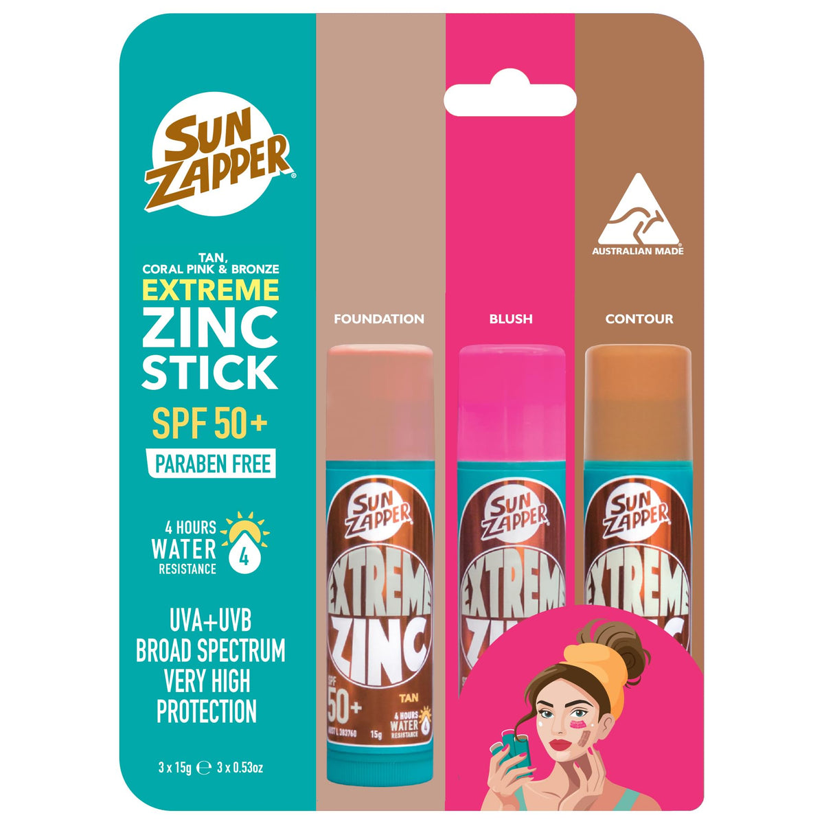 Sun Zapper front pack shot showing three tinted SPF sticks and benefit of surf-grade protection