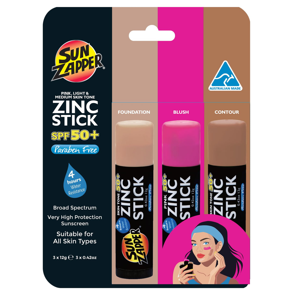 Sun Zapper front 3-pack showing packaging and travel-ready benefit