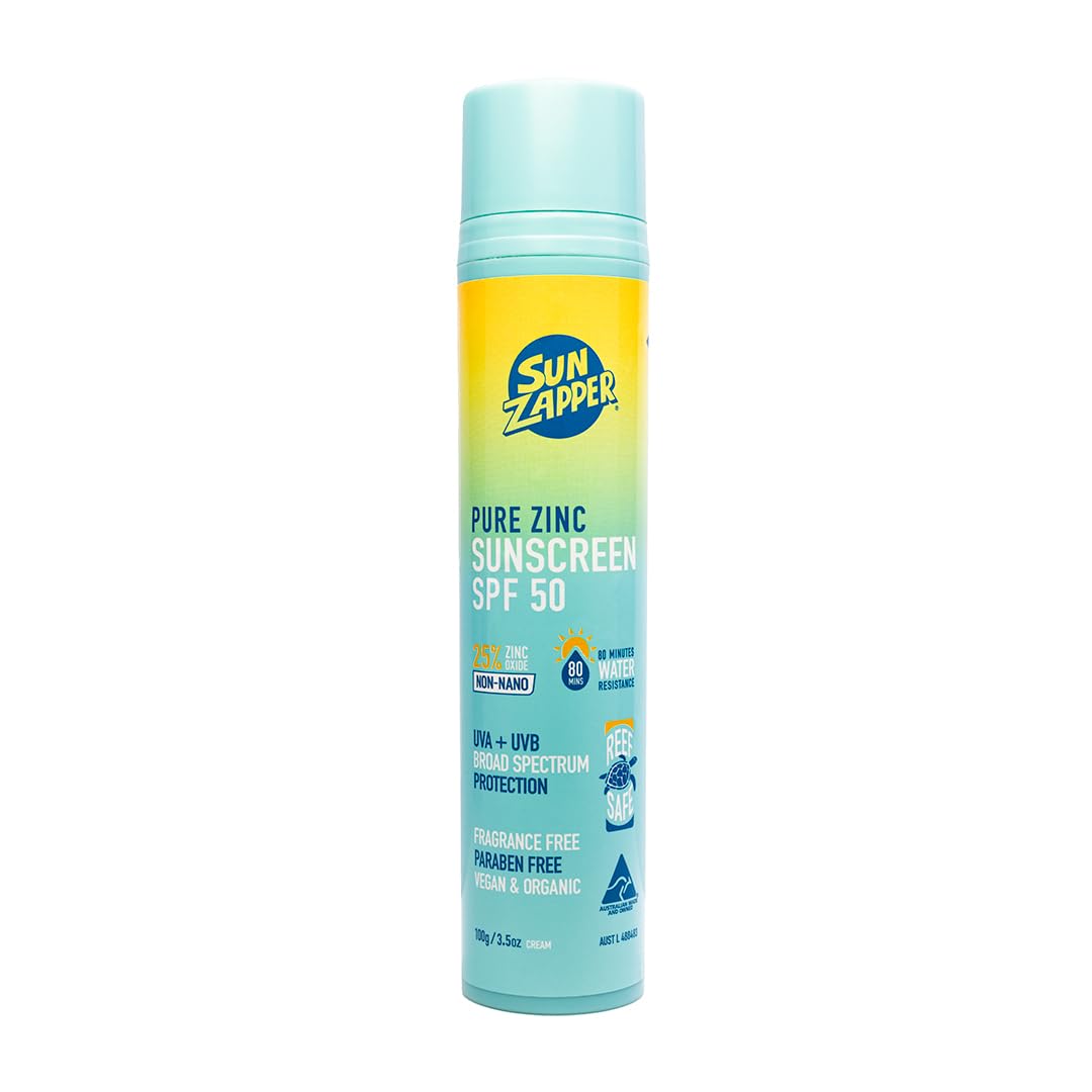 Sun Zapper front packaging pump showing SPF 50 protection and clean design