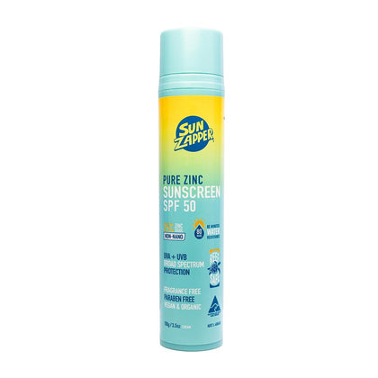 Sun Zapper front packaging pump showing SPF 50 protection and clean design