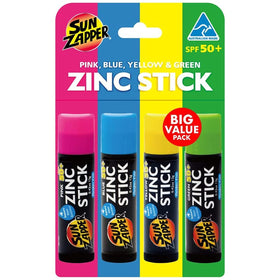 Sun Zapper rainbow pack front view showing four colorful sticks and SPF 50+ protection