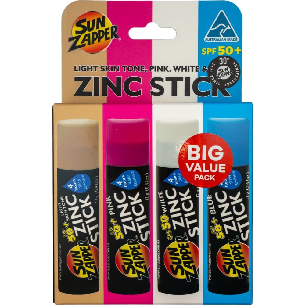 Sun Zapper front packaging showing four SPF 50+ sticks and travel-ready design