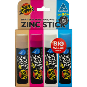 Sun Zapper front packaging showing four SPF 50+ sticks and travel-ready design