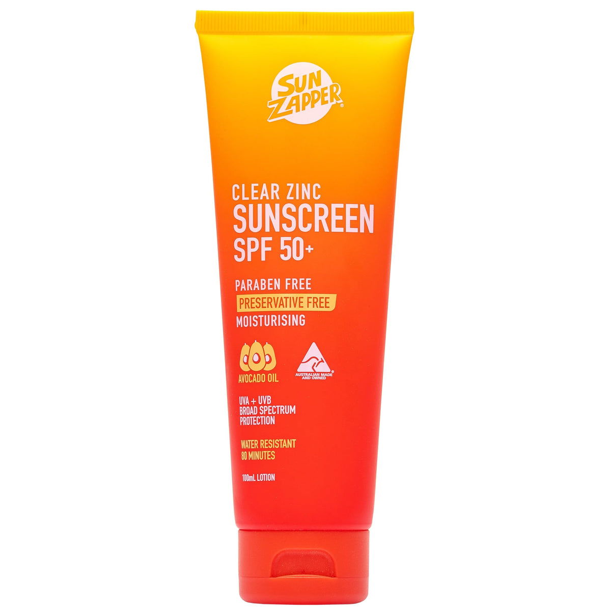 Sun Zapper front packaging showing clear zinc sunscreen and SPF benefit