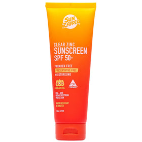Sun Zapper front packaging showing clear zinc sunscreen and SPF benefit