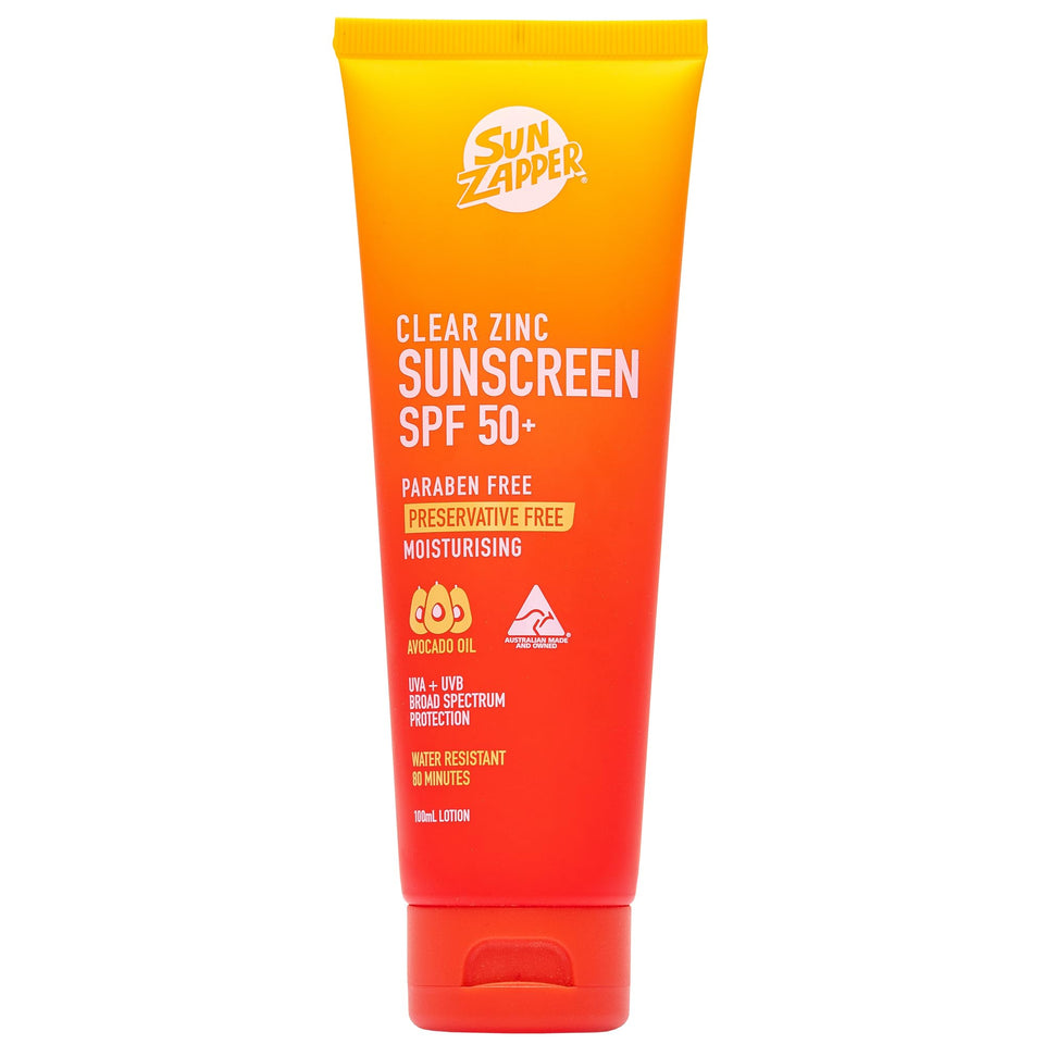 Sun Zapper front packaging showing clear zinc sunscreen and SPF benefit