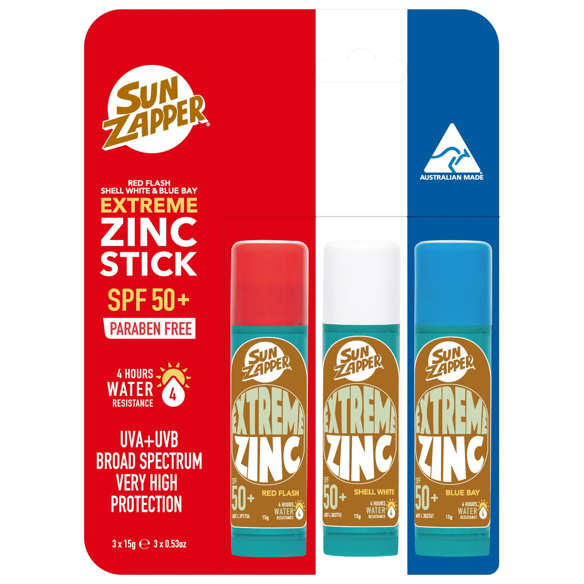 Sun Zapper front pack showing three colored sticks and SPF benefits