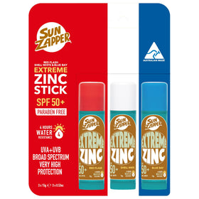 Sun Zapper front pack showing three colored sticks and SPF benefits