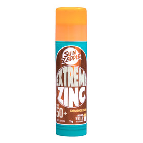 Sun Zapper front stick showing bright orange sunscreen and clear coverage benefit