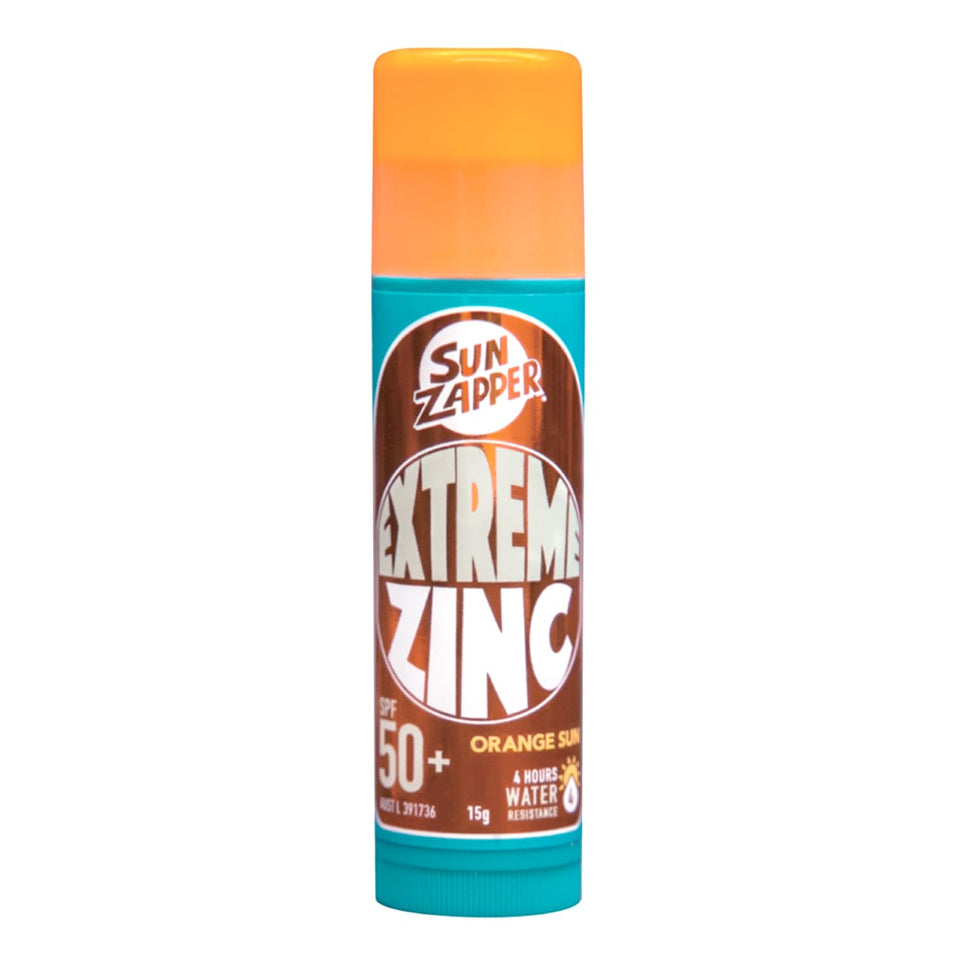 Sun Zapper front stick showing bright orange sunscreen and clear coverage benefit