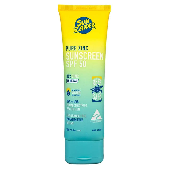 Sun Zapper front tube showing branding and SPF 50 protection benefit