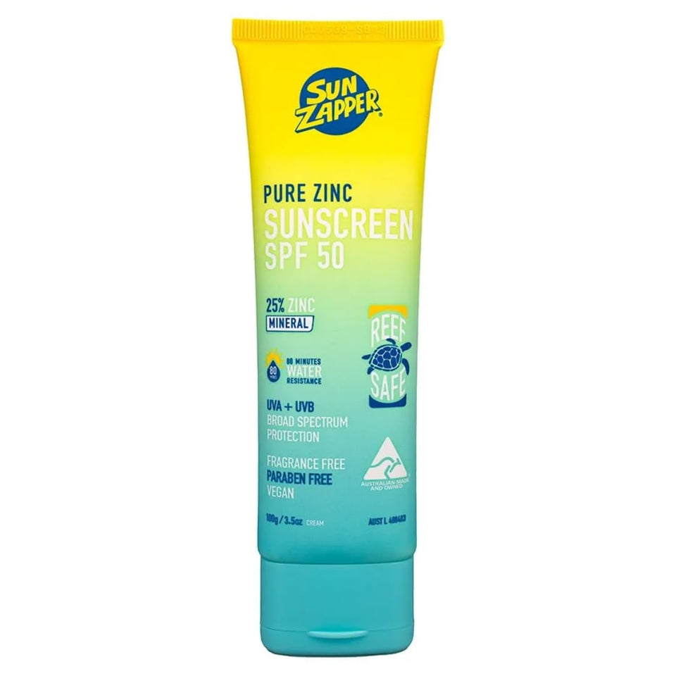 Sun Zapper front tube showing branding and SPF 50 protection benefit
