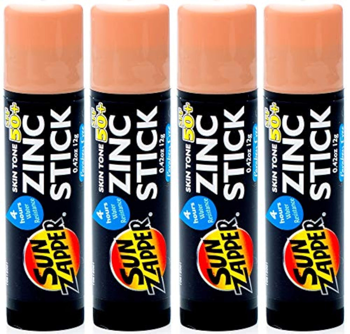Sun Zapper front packaging showing four tinted zinc sticks and SPF benefit