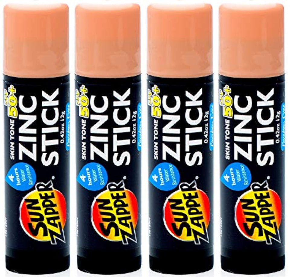 Sun Zapper front packaging showing four tinted zinc sticks and SPF benefit