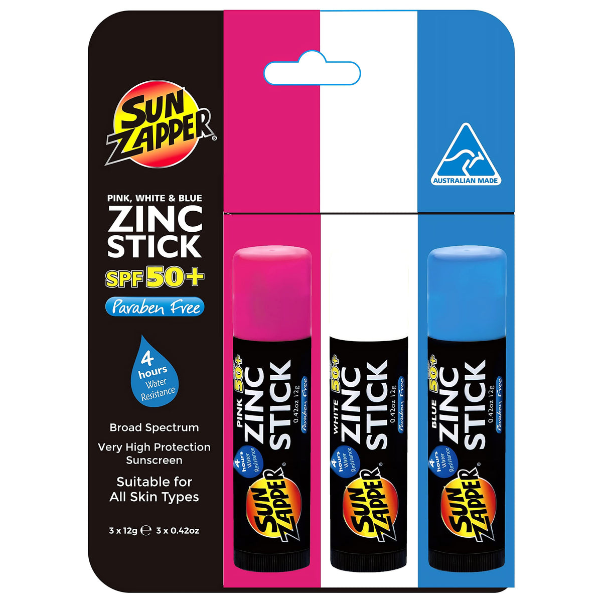 Sun Zapper three-stick front packaging showing pink white blue benefits visibility