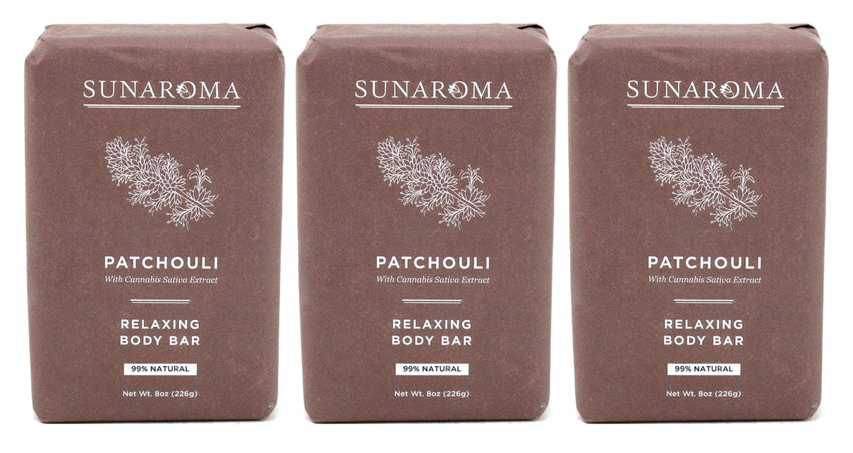 Sunaroma front packaging showing patchouli soap and calming scent benefits