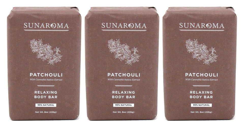 Sunaroma front packaging showing patchouli soap and calming scent benefits