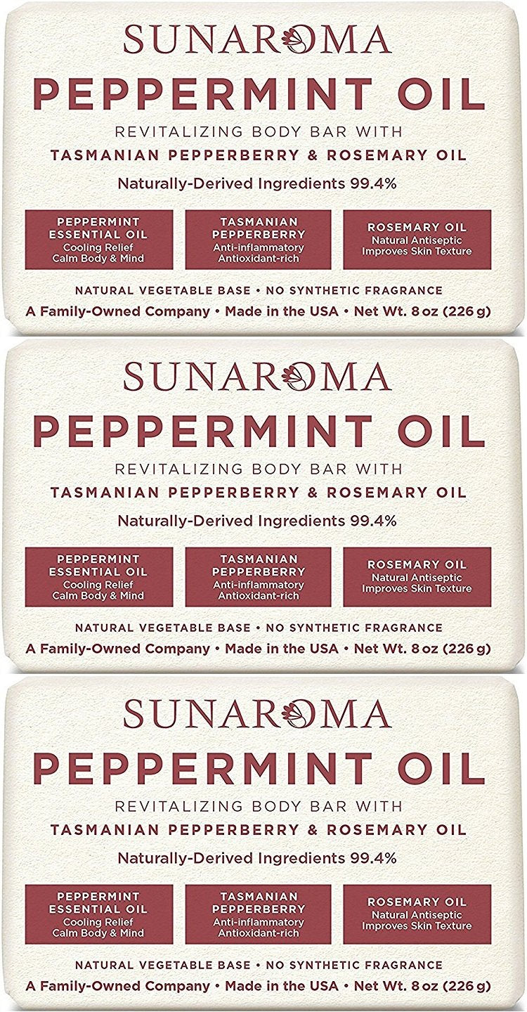 SUNAROMA front packaging of three 8oz peppermint rosemary bars showing eco-friendly labeling and benefits